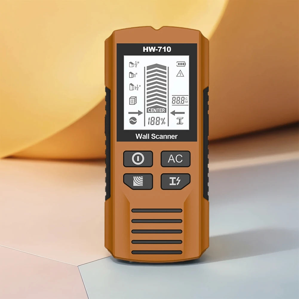 diy enthusiast using stud finder before drilling wall
1