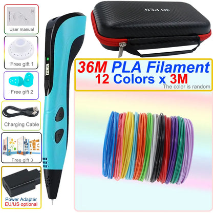 3D pen set with LCD display and power adapter.