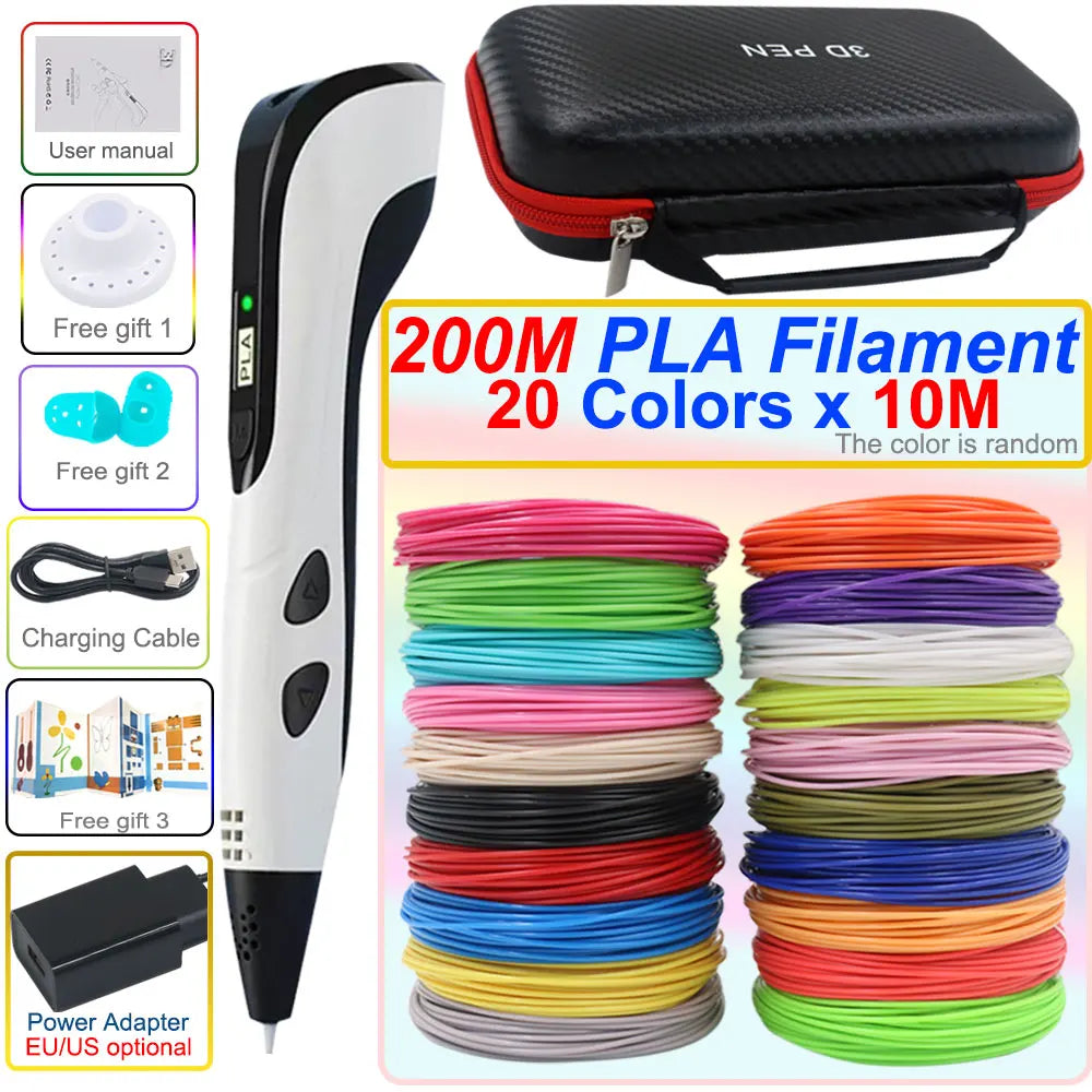 3D pen set with LCD display and power adapter.