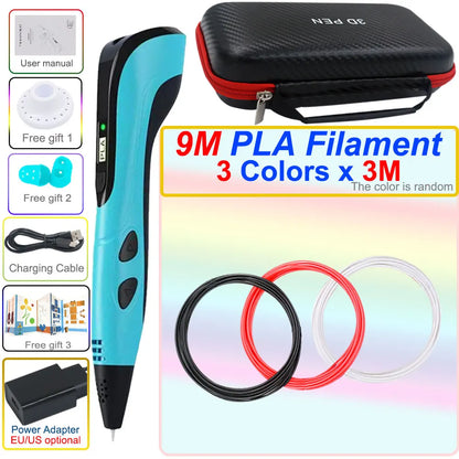3D pen set with LCD display and power adapter.