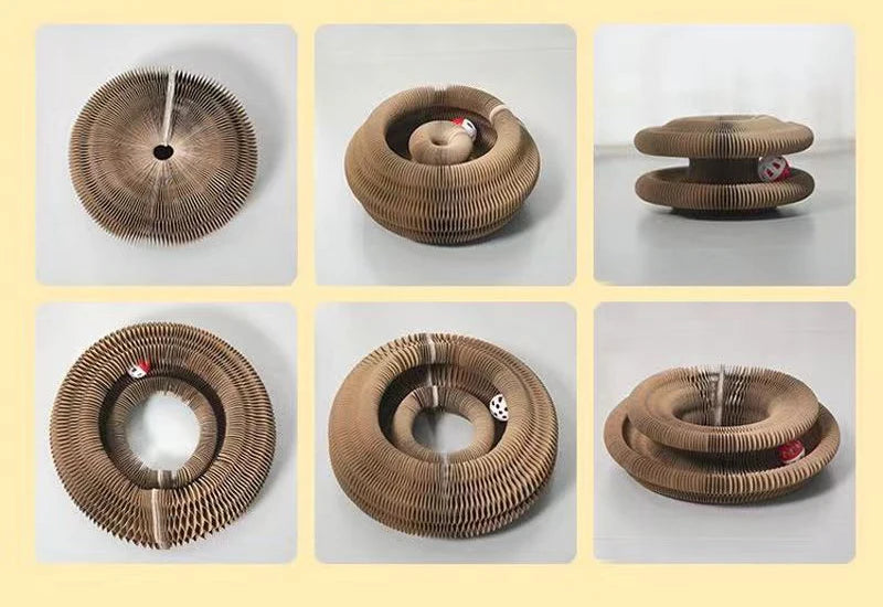 "round cat scratcher with interactive ball"