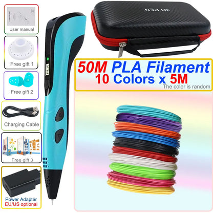 3D pen set with LCD display and power adapter.