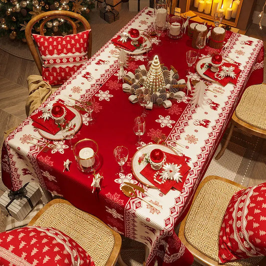 Christmas waterproof tablecloth on festive dining table.