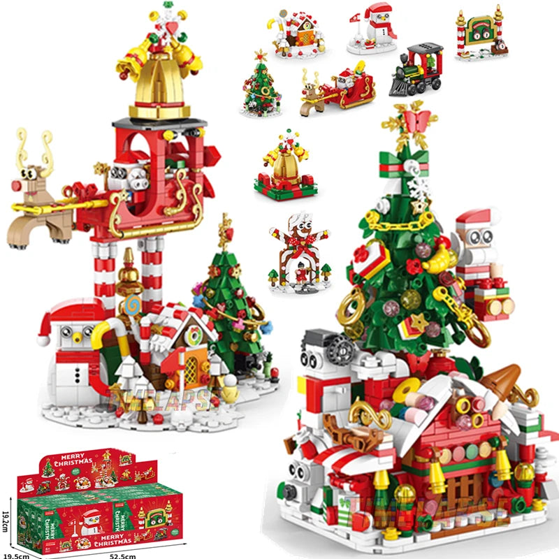 DIY Christmas building block set with Santa, reindeer, and train.