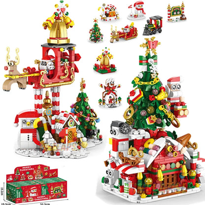 DIY Christmas building block set with Santa, reindeer, and train.