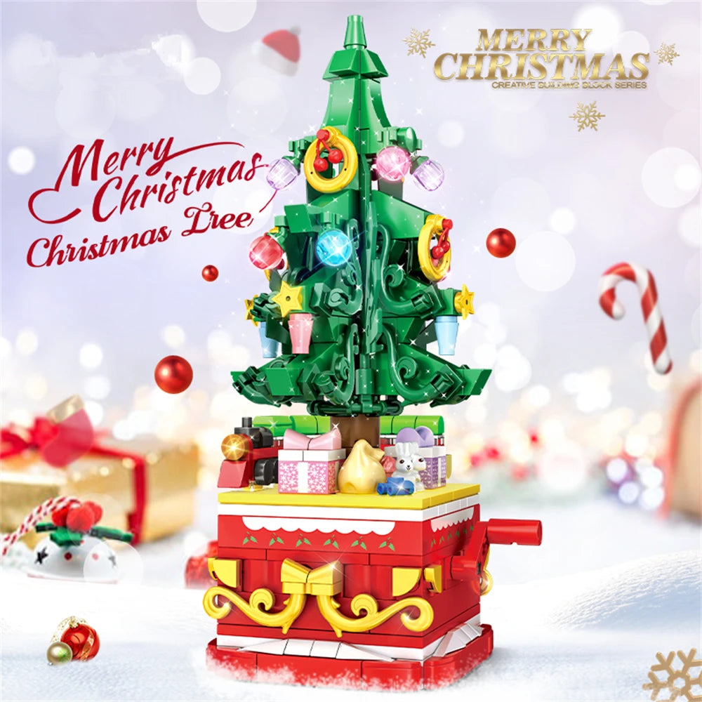 Winter village Christmas building blocks set on festive table.