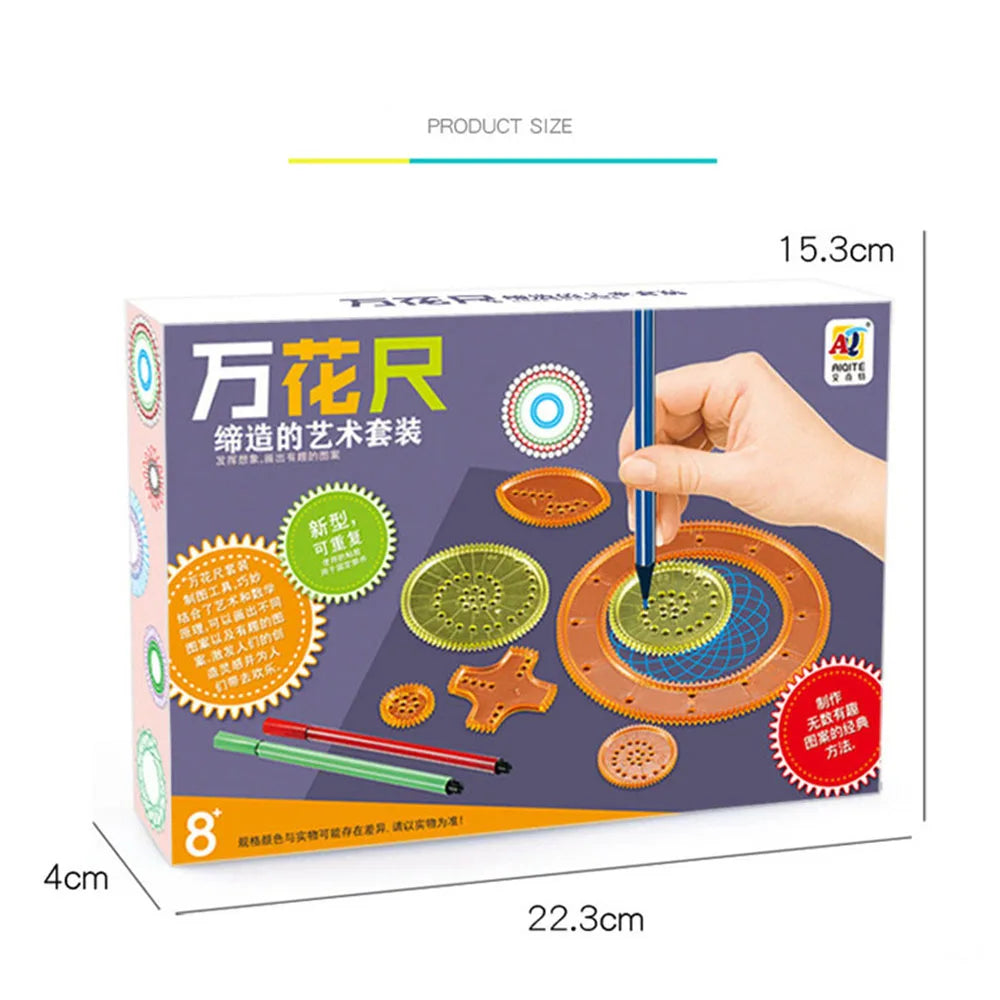 Kids using Montessori spirograph set at home.