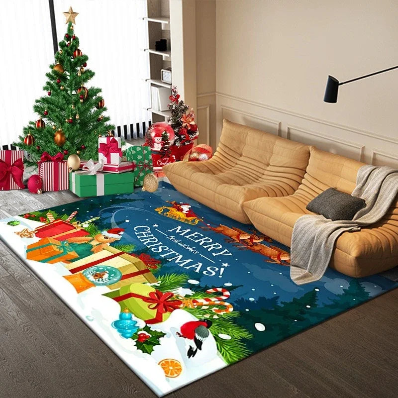 Festive floor mat enhancing Christmas room décor.
