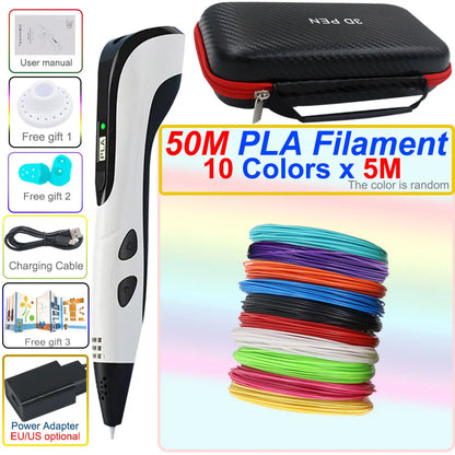 3D pen set with LCD display and power adapter.