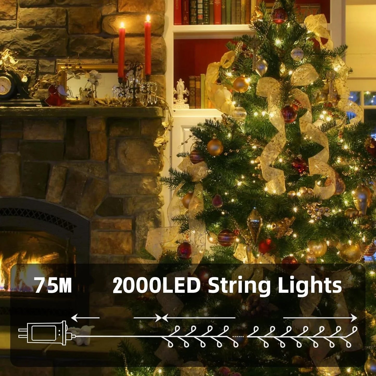 Long 75m LED string light illuminating festive home setup.