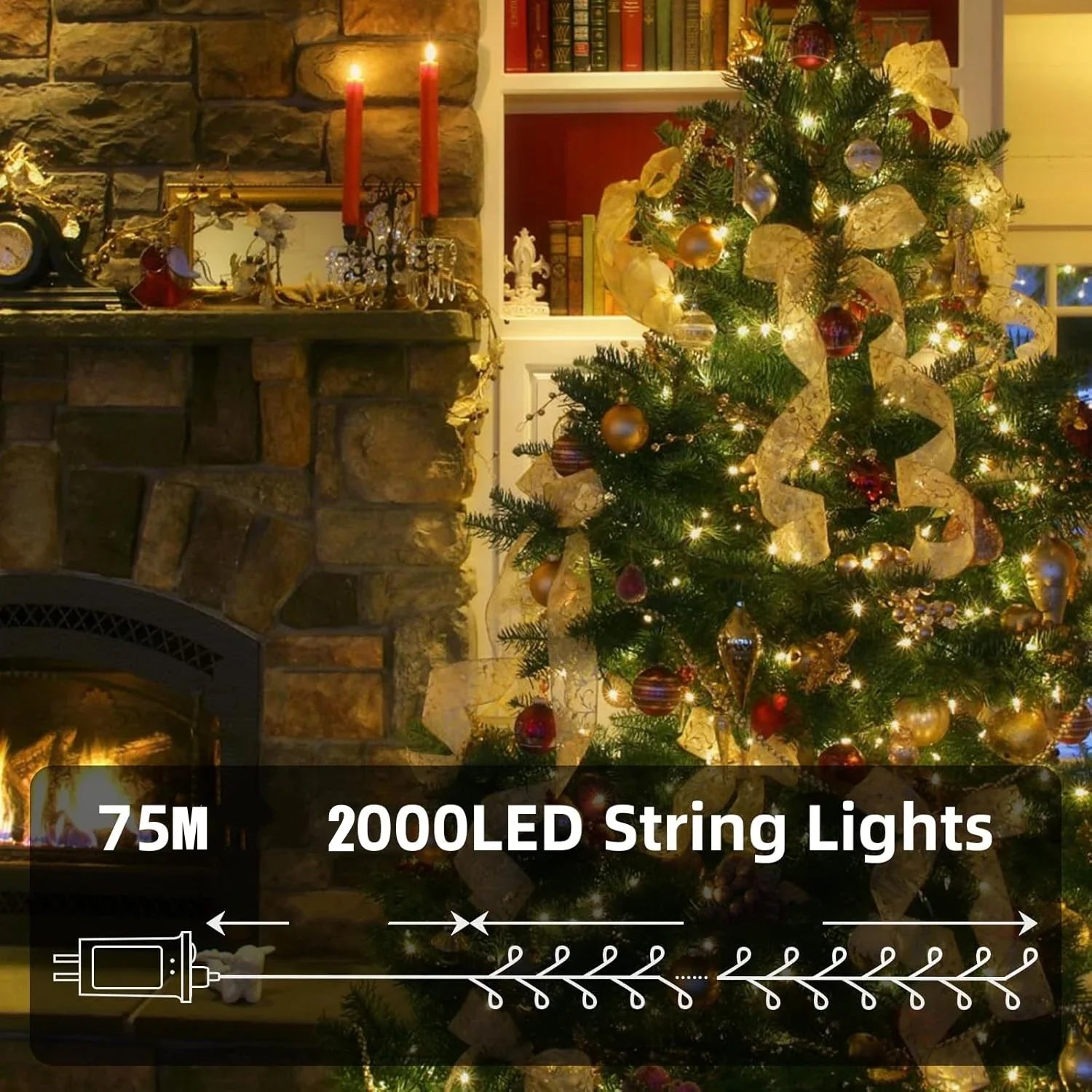 Long 75m LED string light illuminating festive home setup.