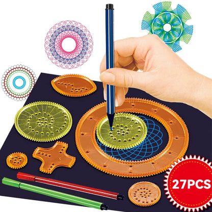Montessori spirograph drawing toy set with colorful gears and pens.
