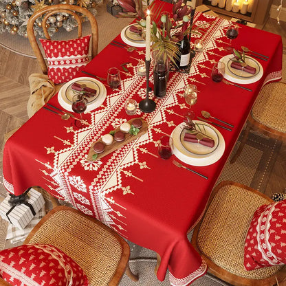 Red and green checkered Christmas tablecloth for home dining.