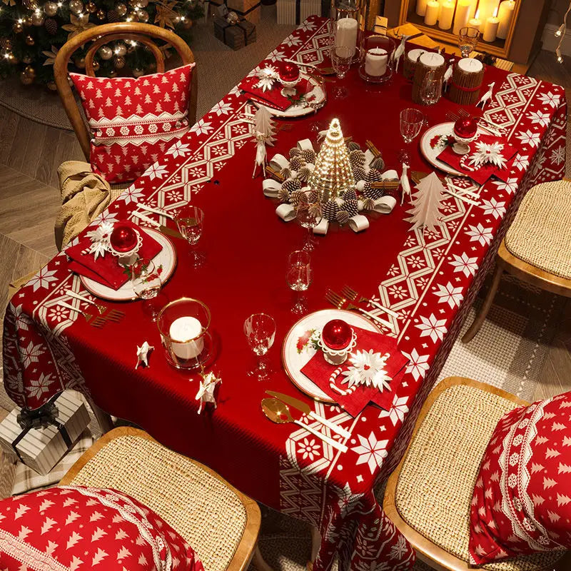 Red and green checkered Christmas tablecloth for home dining.