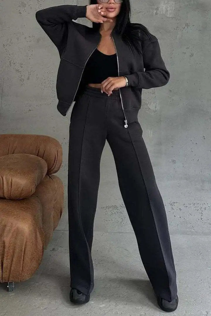 "Women’s two piece zip jacket and wide leg trousers"