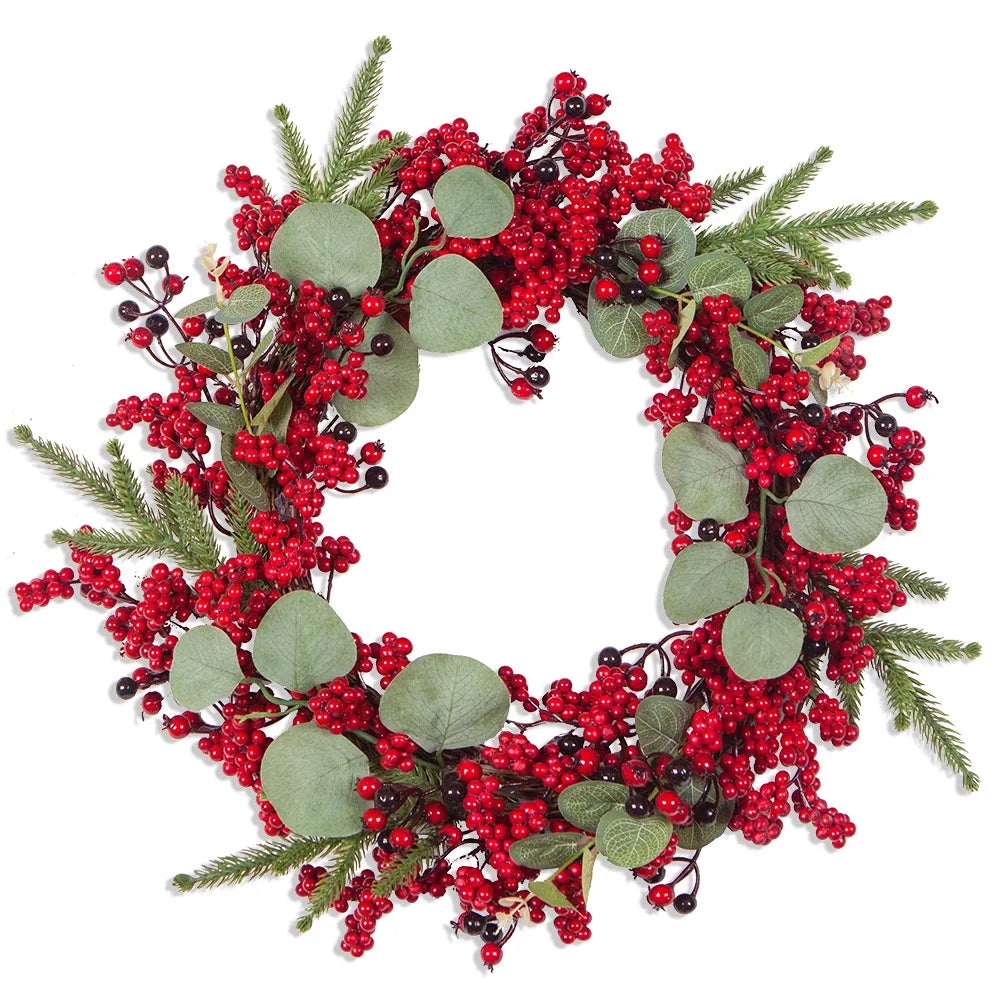Holiday wall decoration with red berry and green pine design.