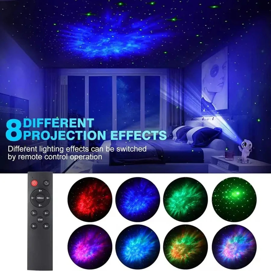 Kids bedroom lit by 360° rotating star projector lamp.