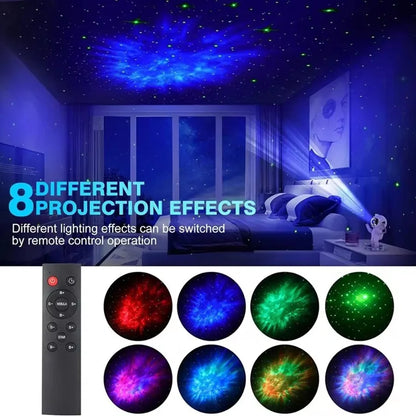 Kids bedroom lit by 360° rotating star projector lamp.