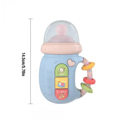 baby bottle rattle toy shown in light red and blue colours
