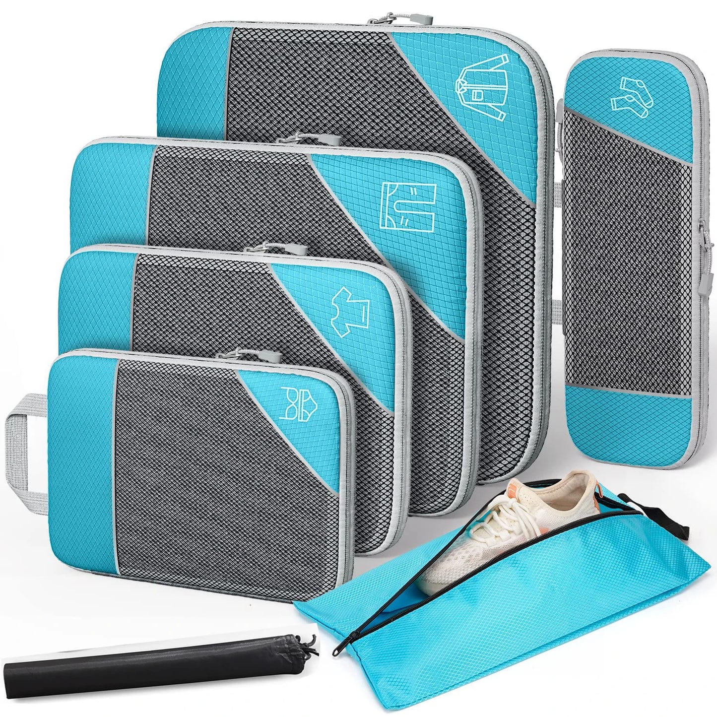 "Travel compression packing cubes set with shoe bag"
