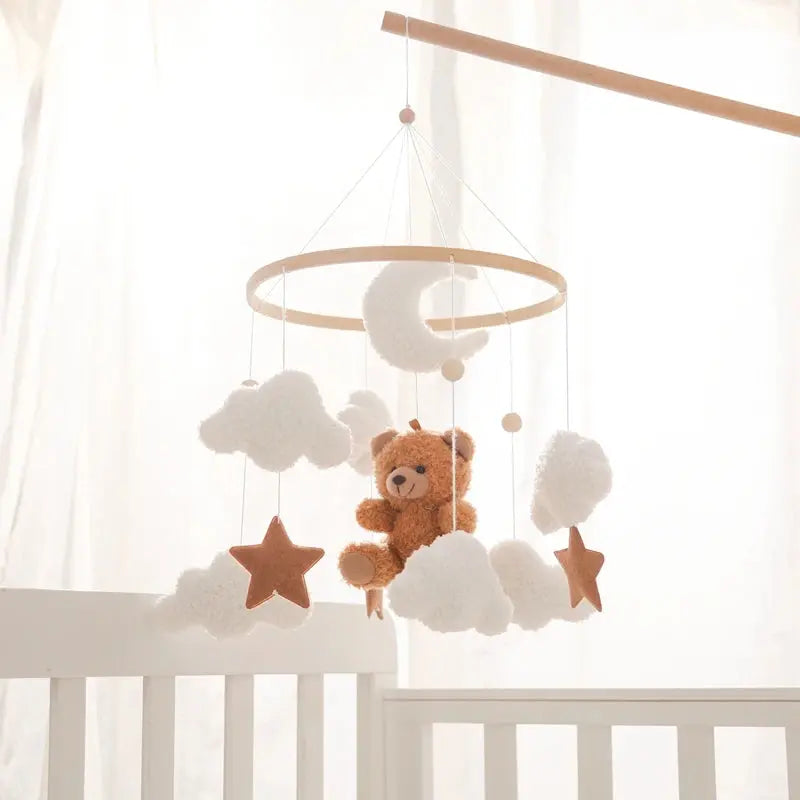 wooden baby crib mobile with musical teddy bear dolls
