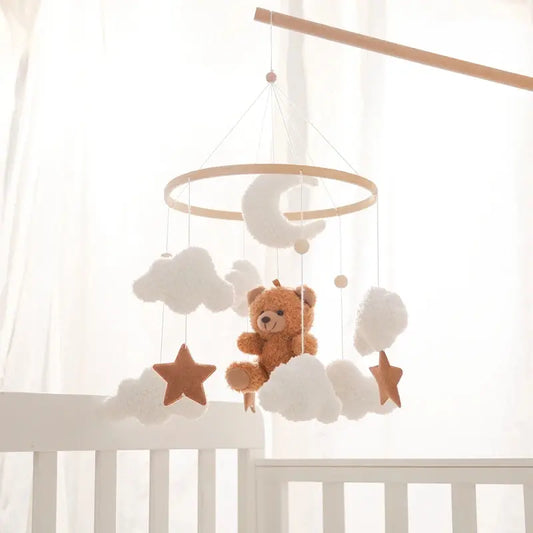 wooden baby crib mobile with musical teddy bear dolls
