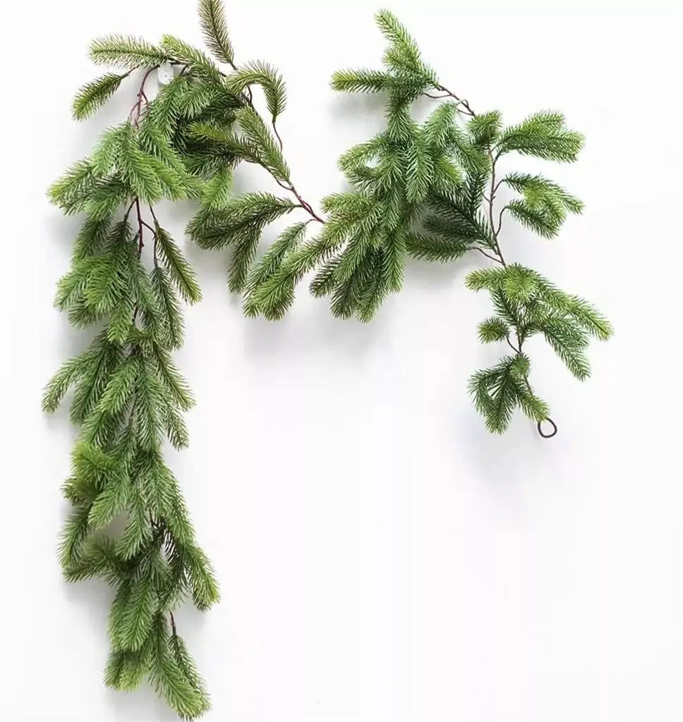 Artificial Christmas garland with pine rattan design hanging on fireplace.