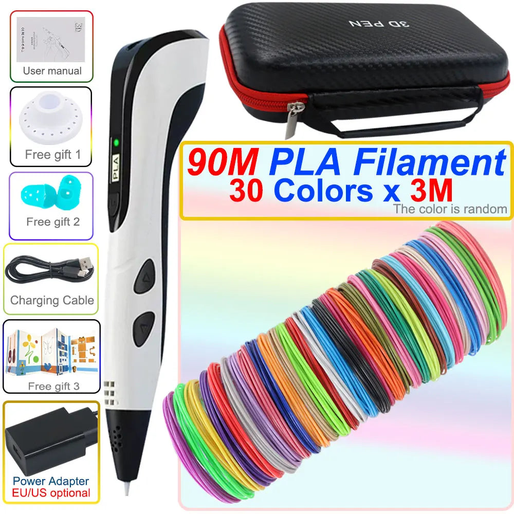 3D pen set with LCD display and power adapter.