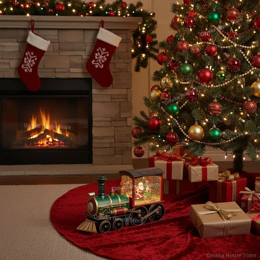 Christmas train ornament with glowing crystal globe and Santa Claus.