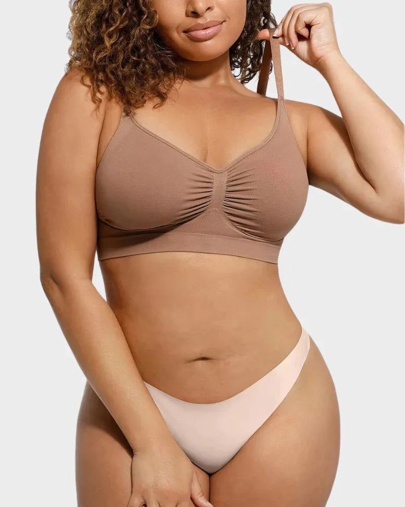 adjustable seamless bra shown in khaki colour
