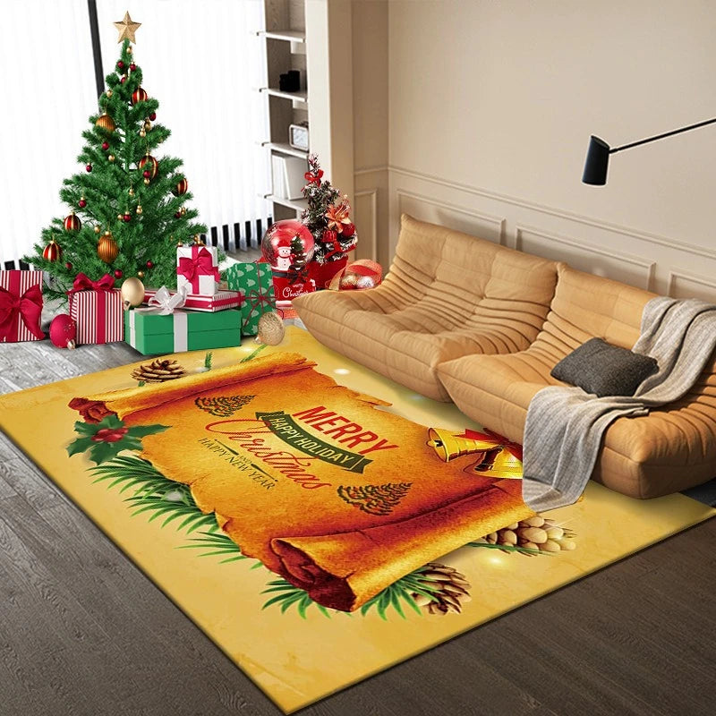 Festive floor mat enhancing Christmas room décor.
