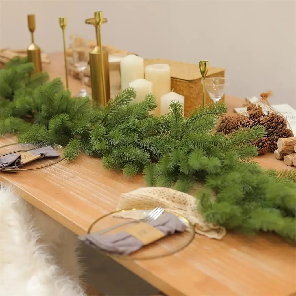 Holiday garland with natural pine needle texture.